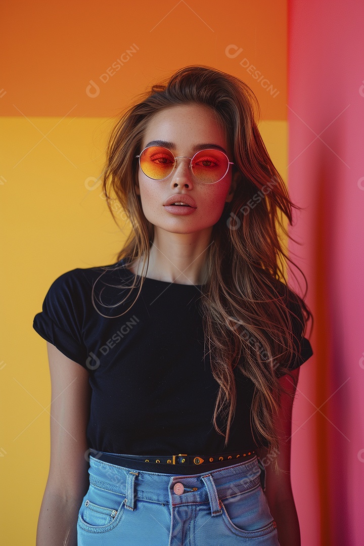 Linda jovem elegante, fundo liso colorido