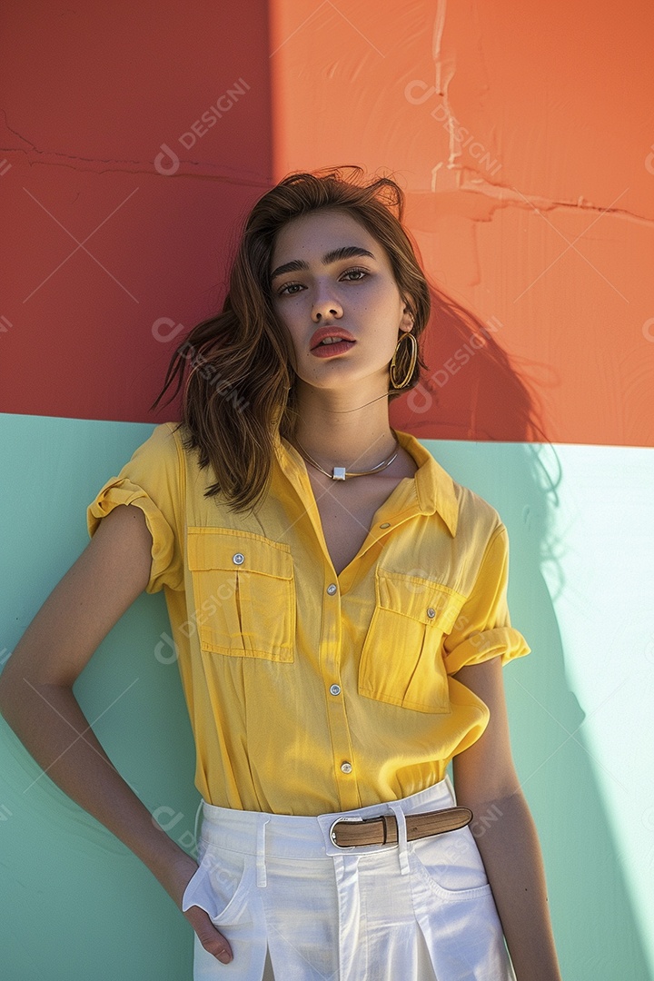 Linda jovem elegante, fundo liso colorido