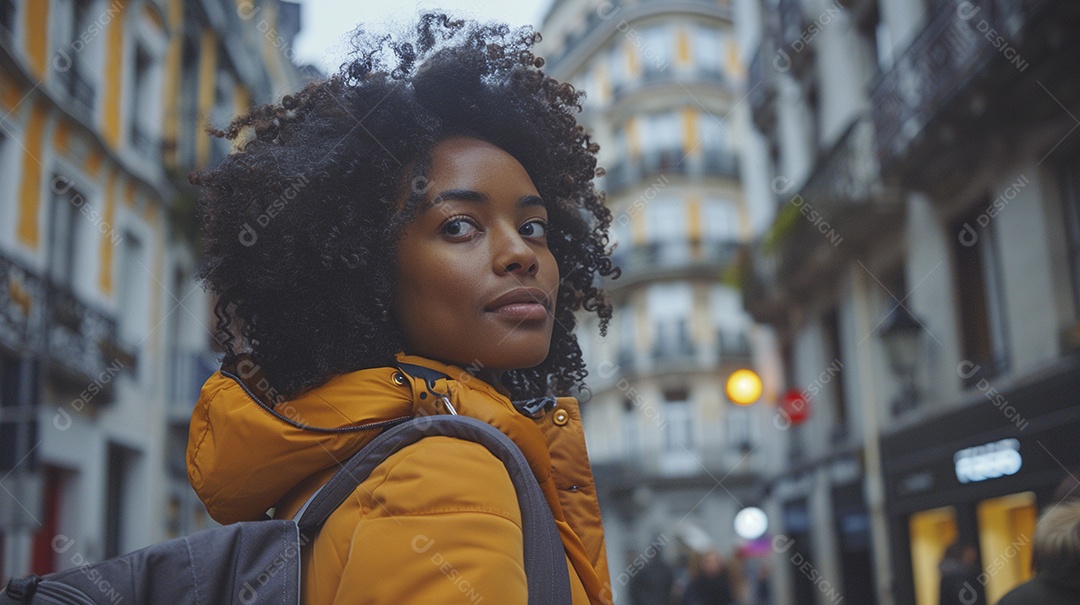 Mulher negra confiante com mala de viagem viajando pelas ruas movimentadas da cidade europeia