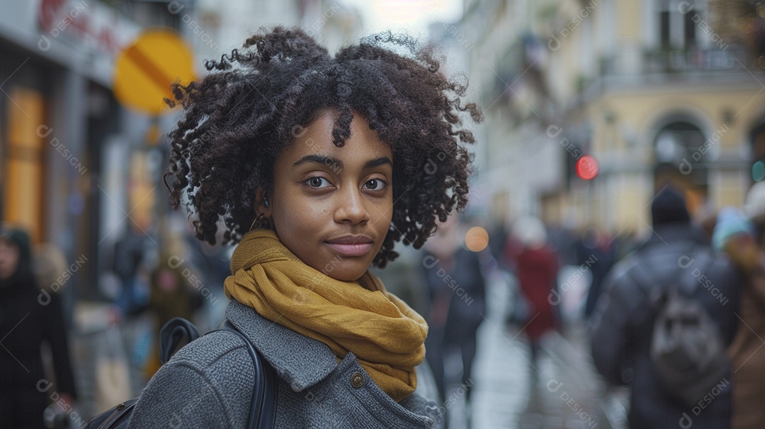 Mulher negra confiante com mala de viagem viajando pelas ruas movimentadas da cidade europeia