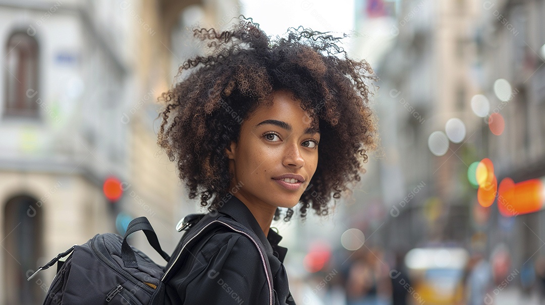 Mulher negra confiante com mala de viagem viajando pelas ruas movimentadas da cidade europeia