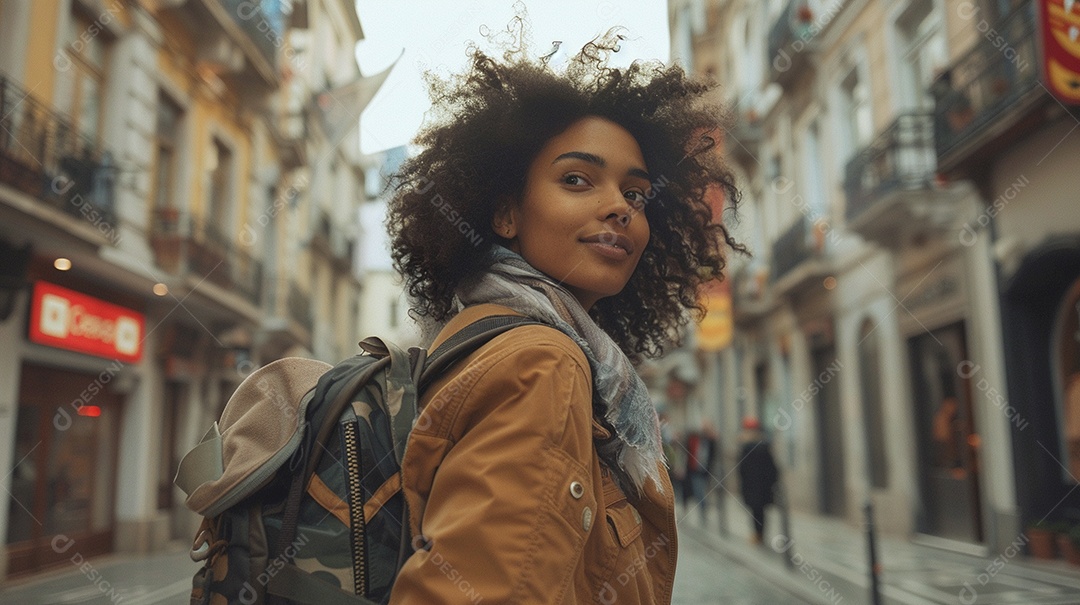 Mulher negra confiante com mala de viagem viajando pelas ruas movimentadas da cidade europeia