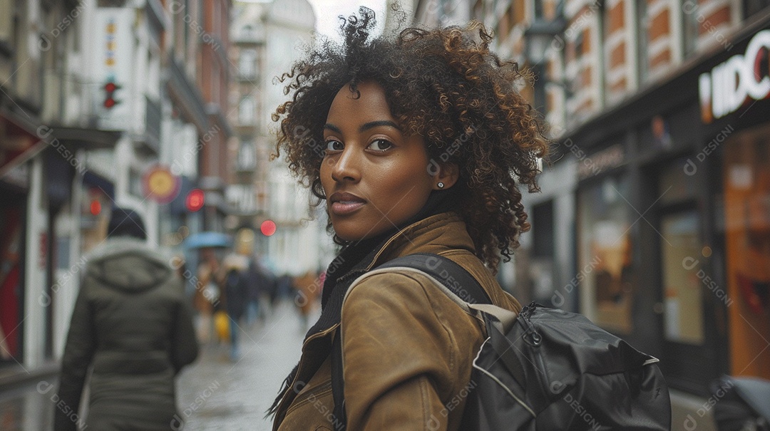 Mulher negra confiante com mala de viagem viajando pelas ruas movimentadas da cidade europeia