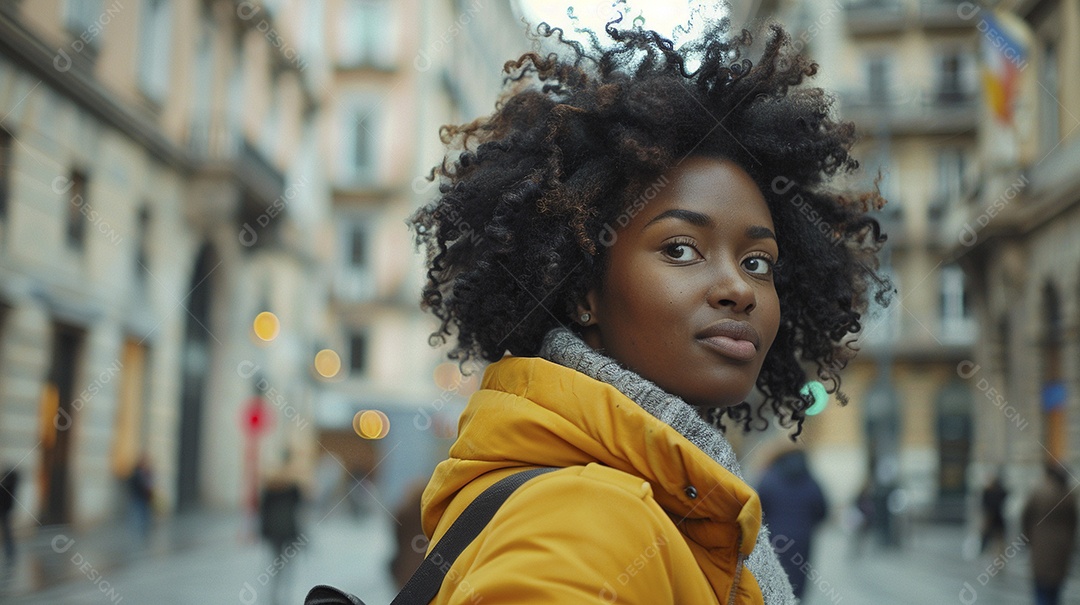 Mulher negra confiante com mala de viagem viajando pelas ruas movimentadas da cidade europeia