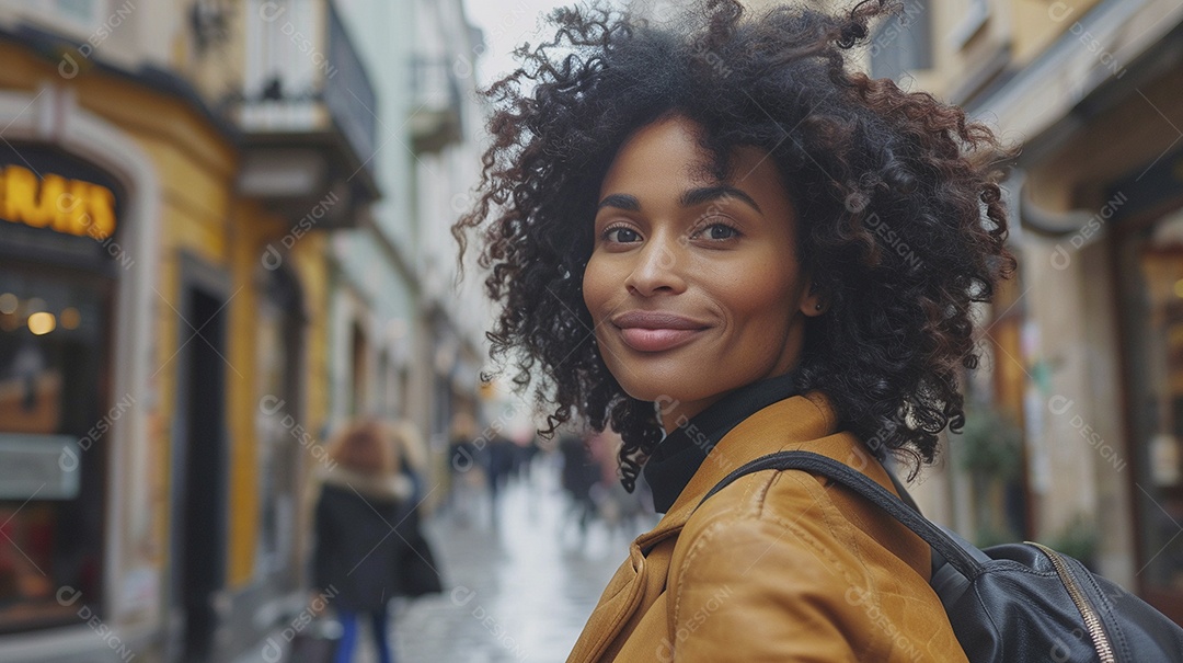 Mulher negra confiante com mala de viagem viajando pelas ruas movimentadas da cidade europeia