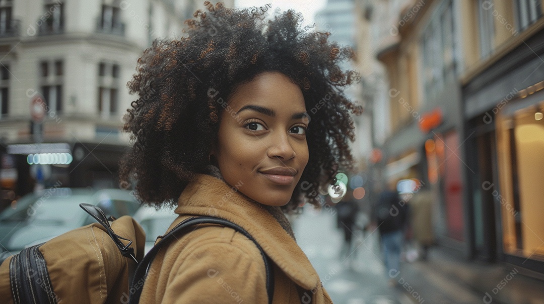 Mulher negra confiante com mala de viagem viajando pelas ruas movimentadas da cidade europeia