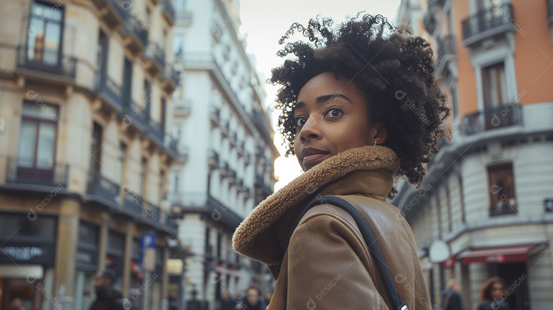 Mulher negra confiante com mala de viagem viajando pelas ruas movimentadas da cidade europeia
