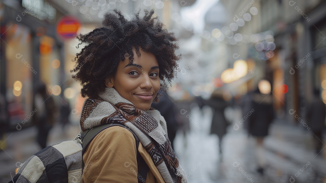 Mulher negra confiante com mala de viagem viajando pelas ruas movimentadas da cidade europeia