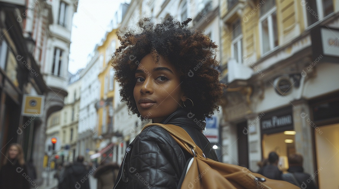 Mulher negra confiante com mala de viagem viajando pelas ruas movimentadas da cidade europeia