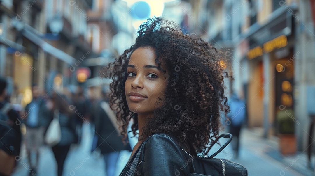 Mulher negra confiante com mala de viagem viajando pelas ruas movimentadas da cidade europeia