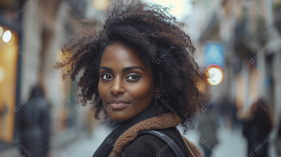 Mulher negra confiante com mala de viagem viajando pelas ruas movimentadas da cidade europeia