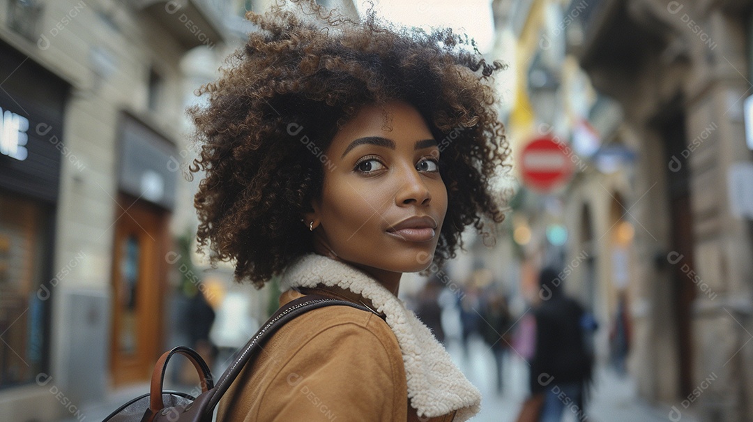 Mulher negra confiante com mala de viagem viajando pelas ruas movimentadas da cidade europeia