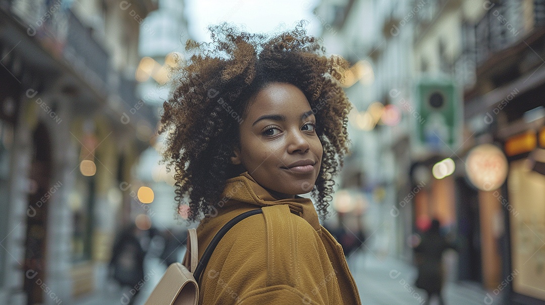 Mulher negra confiante com mala de viagem viajando pelas ruas movimentadas da cidade europeia