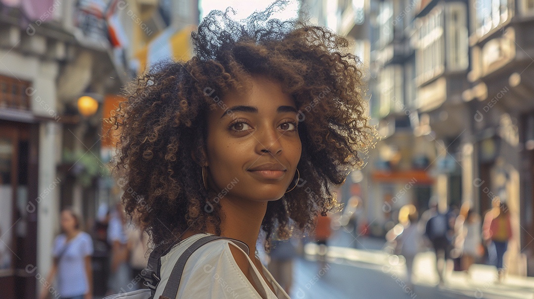 Mulher negra confiante com mala de viagem viajando pelas ruas movimentadas da cidade europeia