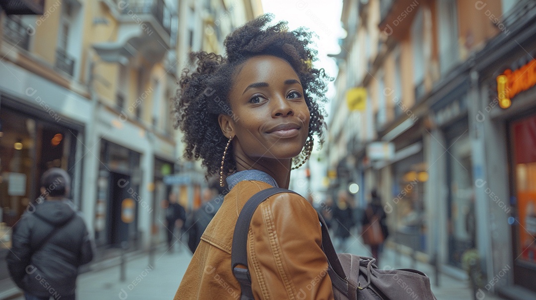 Mulher negra confiante com mala de viagem viajando pelas ruas movimentadas da cidade europeia