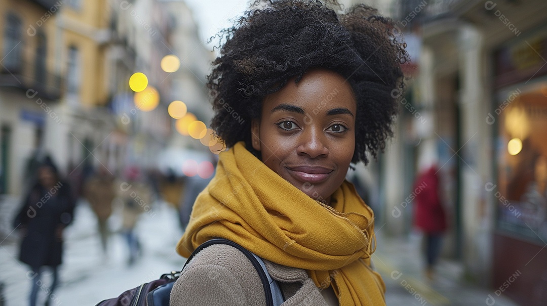 Mulher negra confiante com mala de viagem viajando pelas ruas movimentadas da cidade europeia