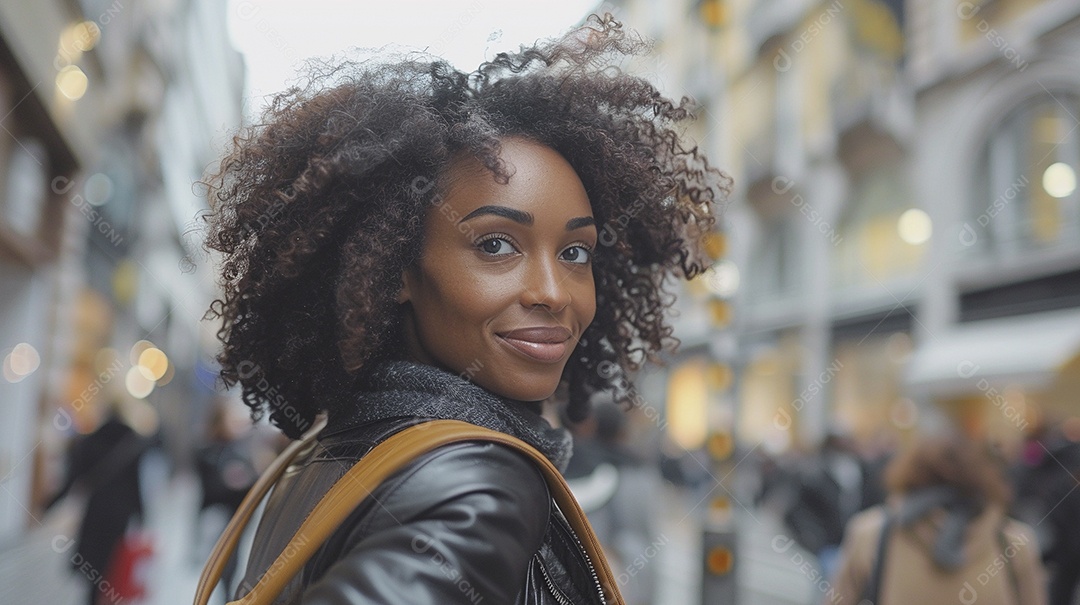 Mulher negra confiante com mala de viagem viajando pelas ruas movimentadas da cidade europeia