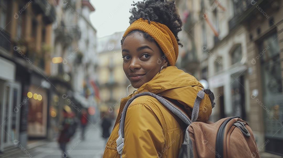 Mulher negra confiante com mala de viagem viajando pelas ruas movimentadas da cidade europeia