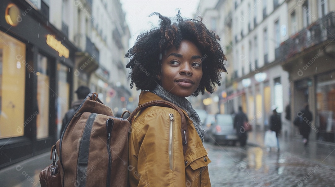 Mulher negra confiante com mala de viagem viajando pelas ruas movimentadas da cidade europeia