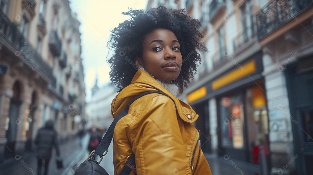 Mulher negra confiante com mala de viagem viajando pelas ruas movimentadas da cidade europeia