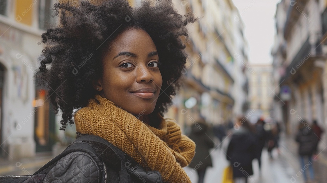 Mulher negra confiante com mala de viagem viajando pelas ruas movimentadas da cidade europeia