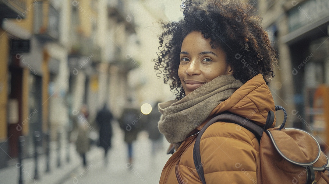 Mulher negra confiante com mala de viagem viajando pelas ruas movimentadas da cidade europeia