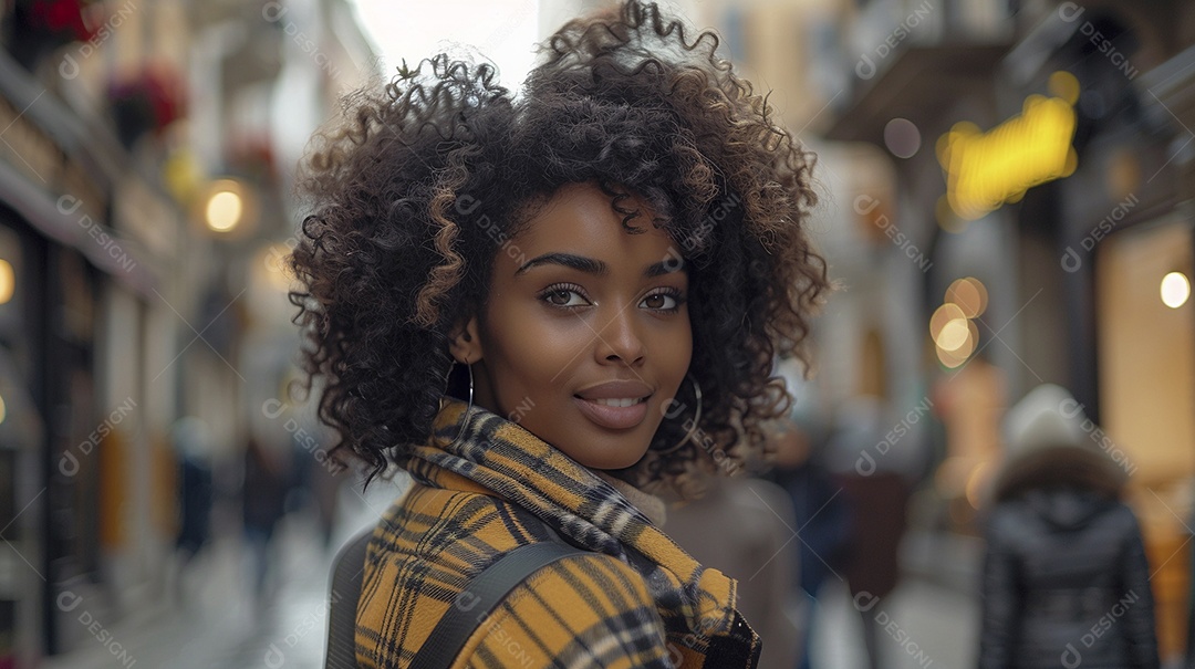 Mulher negra confiante com mala de viagem viajando pelas ruas movimentadas da cidade europeia