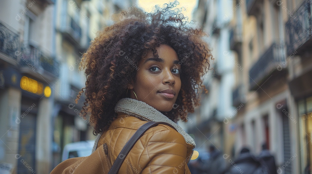 Mulher negra confiante com mala de viagem viajando pelas ruas movimentadas da cidade europeia