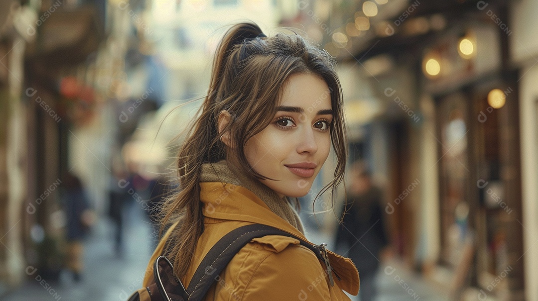 Mulher confiante com mala de viagem viajando pelas ruas movimentadas da cidade europeia