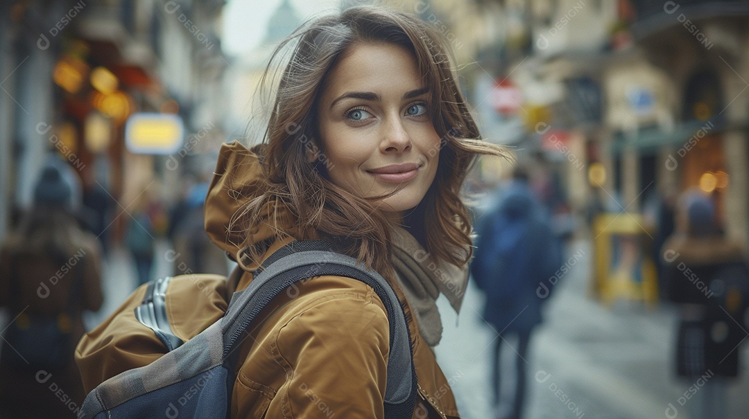 Mulher confiante com mala de viagem viajando pelas ruas movimentadas da cidade europeia