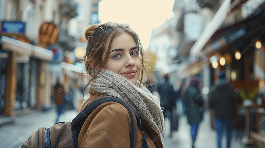 Mulher confiante com mala de viagem viajando pelas ruas movimentadas da cidade europeia