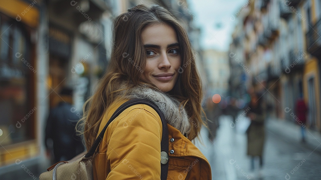 Mulher confiante com mala de viagem viajando pelas ruas movimentadas da cidade europeia