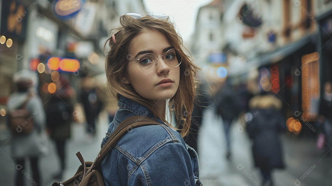 Mulher confiante com mala de viagem viajando pelas ruas movimentadas da cidade europeia