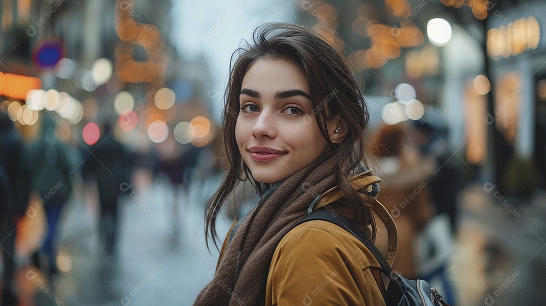 Mulher confiante com mala de viagem viajando pelas ruas movimentadas da cidade europeia