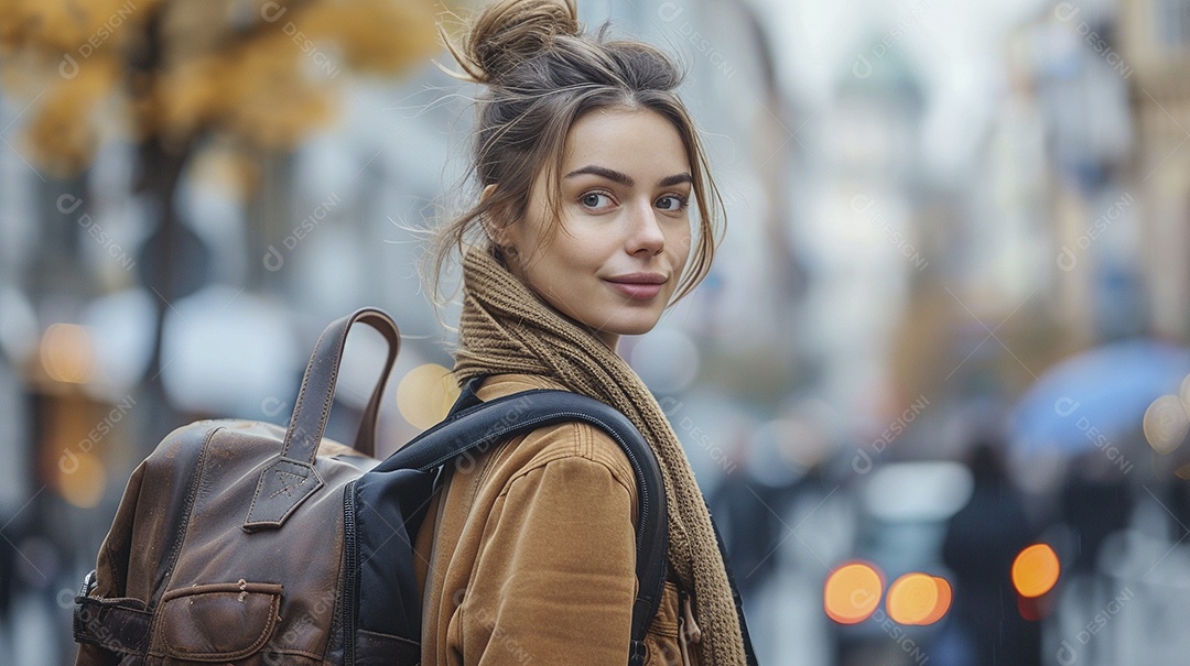 Mulher confiante com mala de viagem viajando pelas ruas movimentadas da cidade europeia