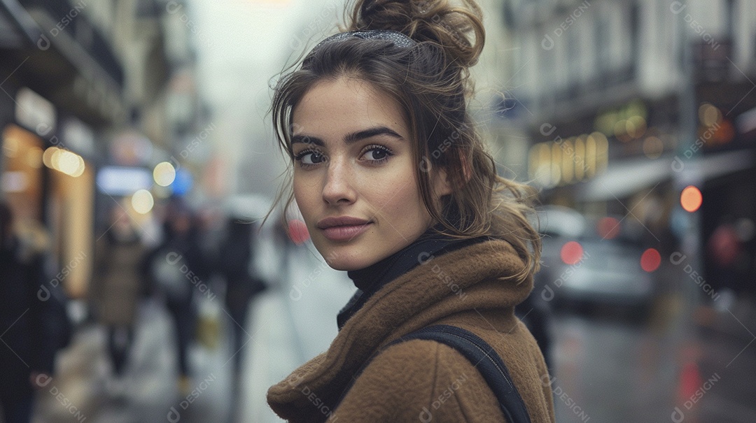 Mulher confiante com mala de viagem viajando pelas ruas movimentadas da cidade europeia