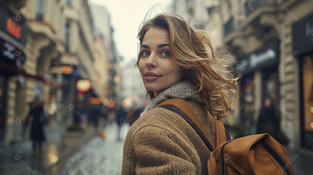 Mulher confiante com mala de viagem viajando pelas ruas movimentadas da cidade europeia