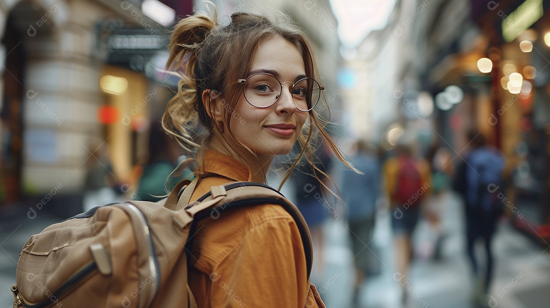 Mulher confiante com mala de viagem viajando pelas ruas movimentadas da cidade europeia