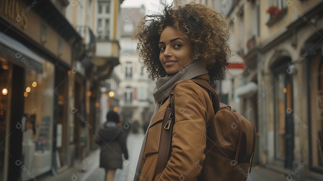 Mulher confiante com mala de viagem viajando pelas ruas movimentadas da cidade europeia