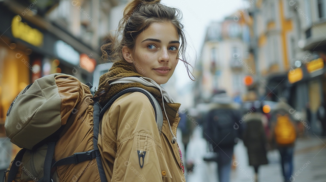 Mulher confiante com mala de viagem viajando pelas ruas movimentadas da cidade europeia