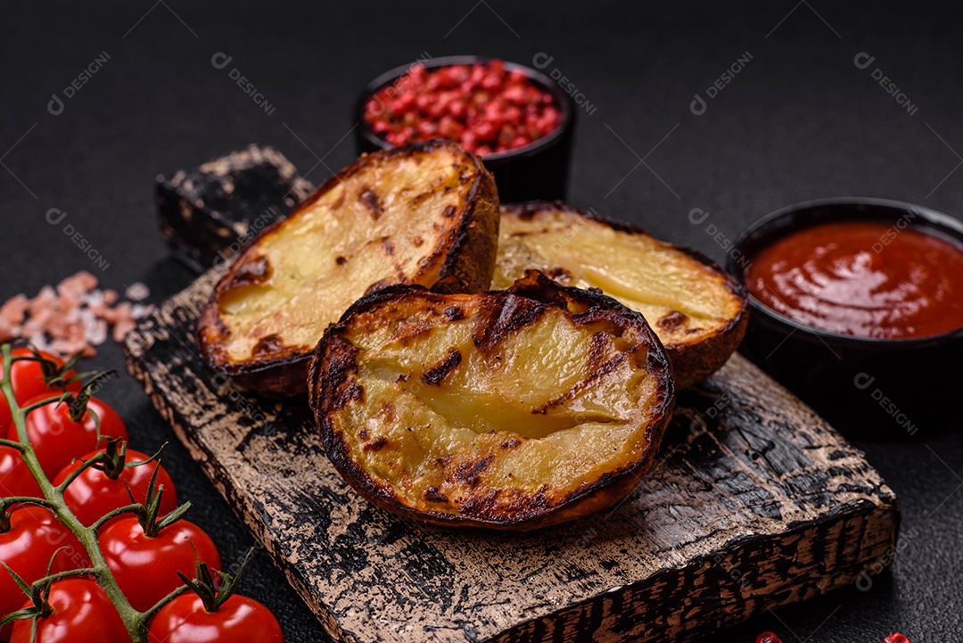 Deliciosas metades de batata com casca assadas na grelha com sal, especiarias e ervas