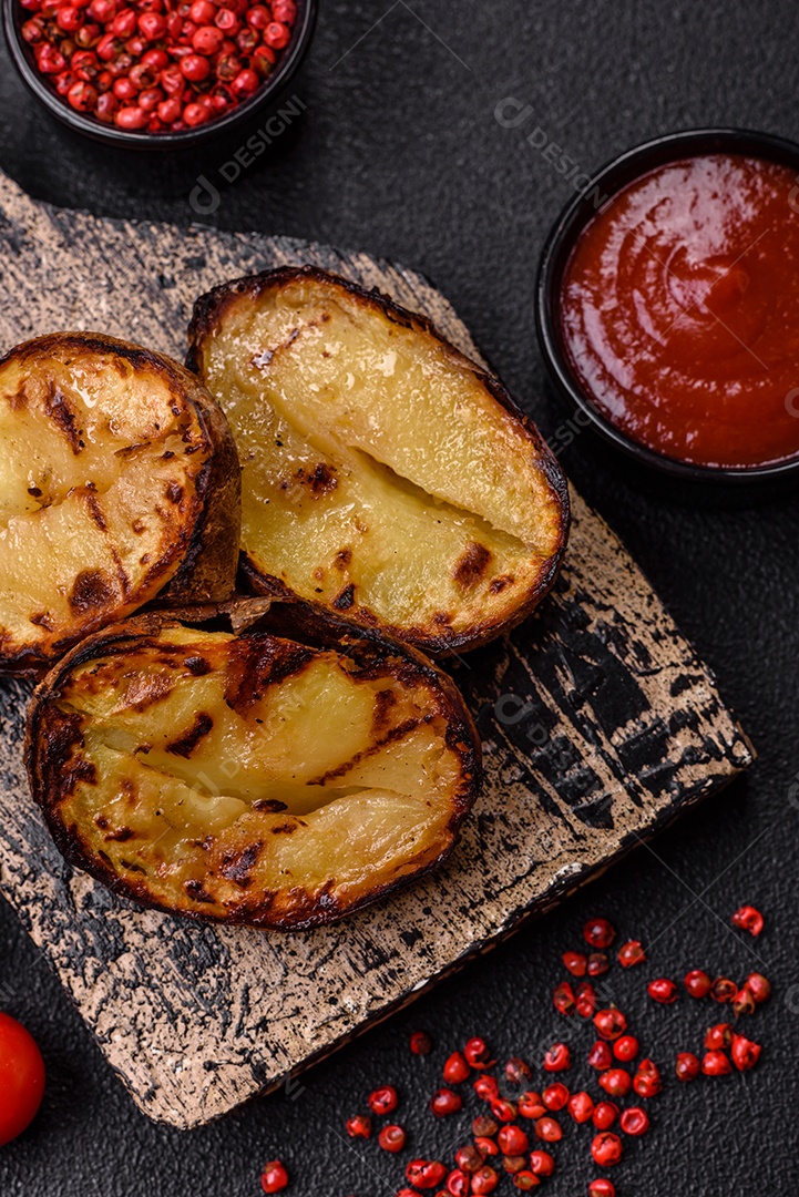 Deliciosas metades de batata com casca assadas na grelha com sal, especiarias e ervas