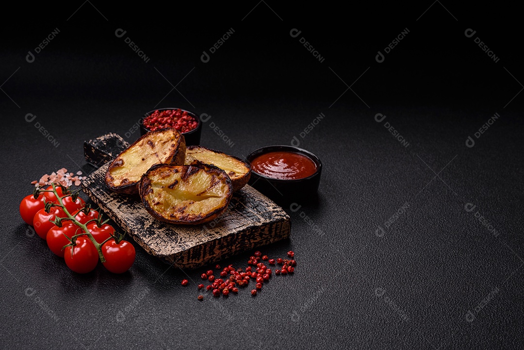 Deliciosas metades de batata com casca assadas na grelha com sal, especiarias e erva