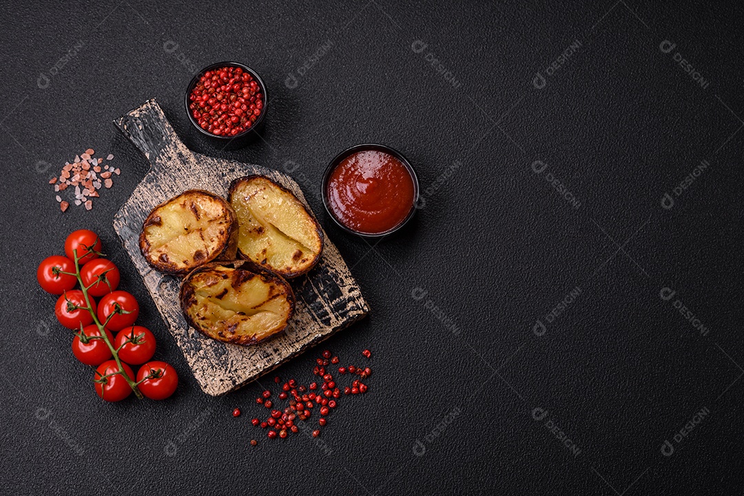 Deliciosas metades de batata com casca assadas na grelha com sal, especiarias e ervas