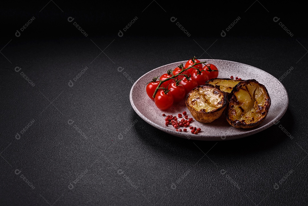 Deliciosas metades de batata com casca assadas na grelha com sal, especiarias e ervas