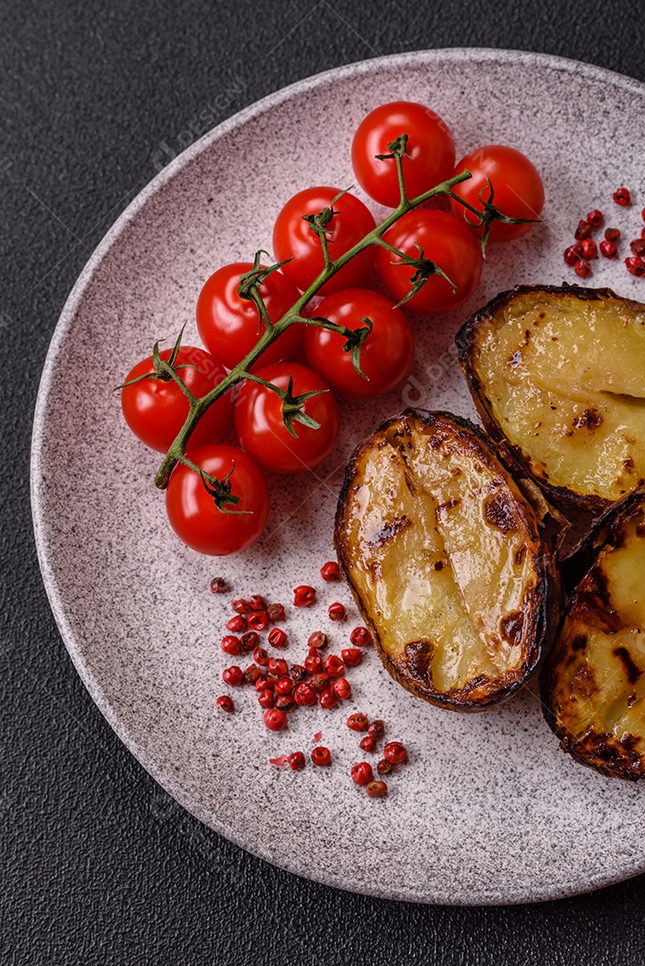 Deliciosas metades de batata com casca assadas na grelha com sal, especiarias e ervas