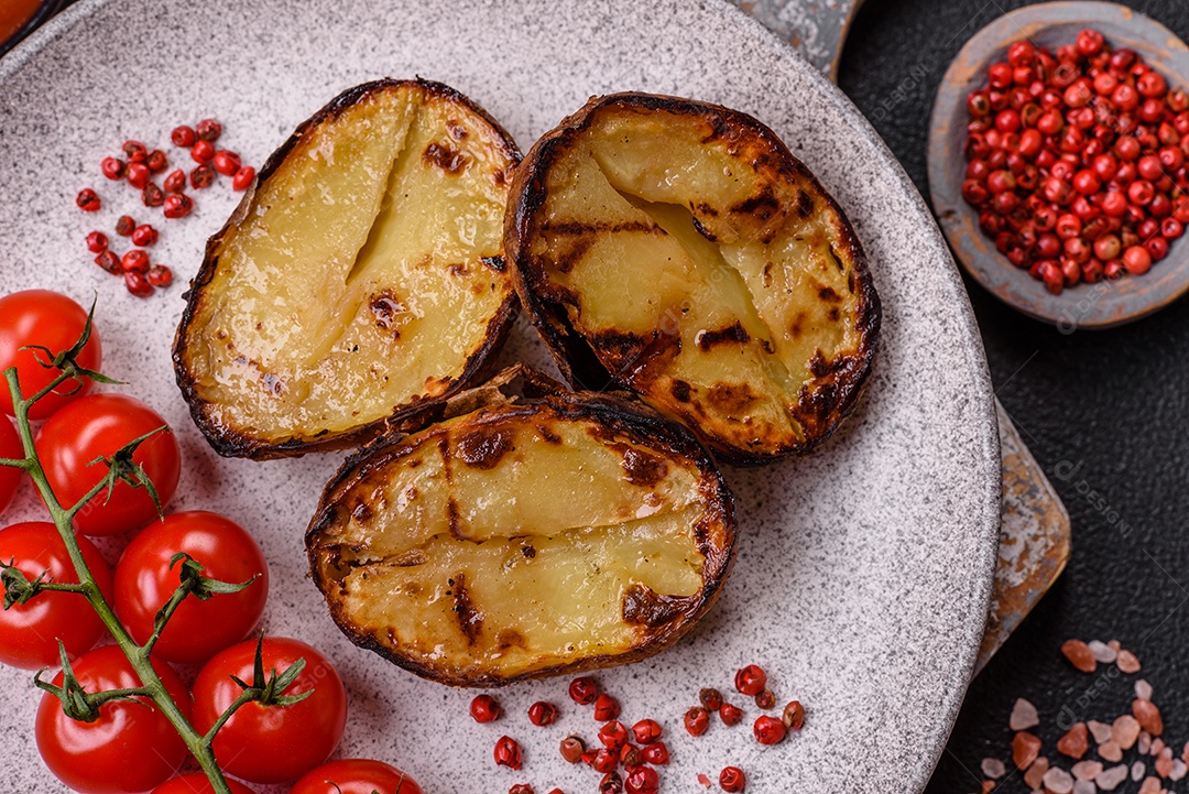 Deliciosas metades de batata com casca assadas na grelha com sal, especiarias e ervas