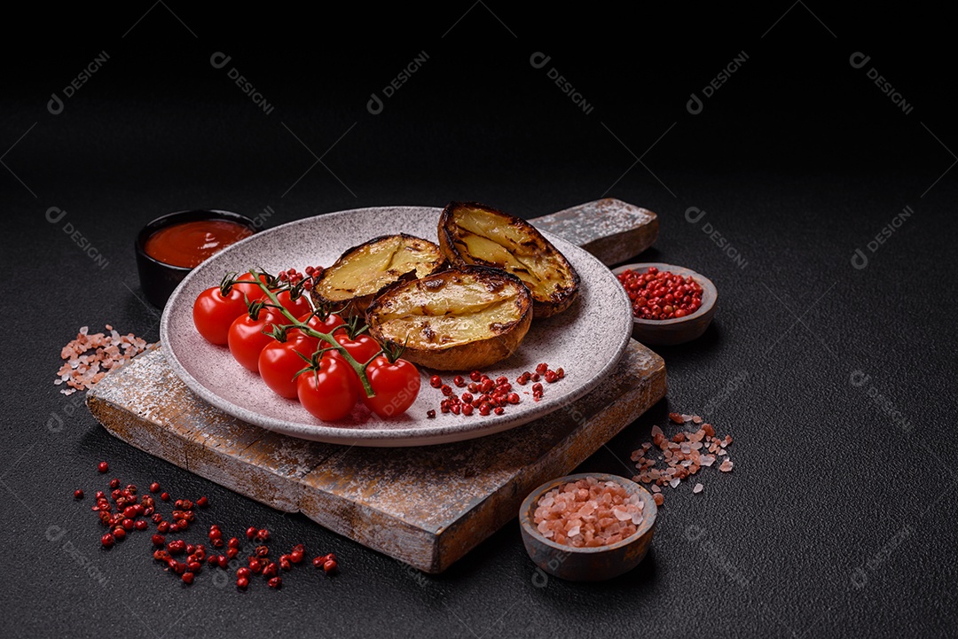 Deliciosas metades de batata com casca assadas na grelha com sal, especiarias e ervas