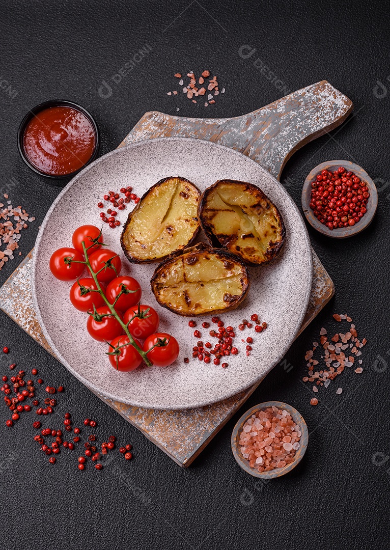 Deliciosas metades de batata com casca assadas na grelha com sal, especiarias e ervas