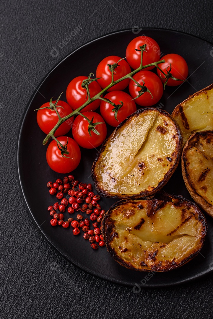 Deliciosas metades de batata com casca assadas na grelha com sal, especiarias e ervas